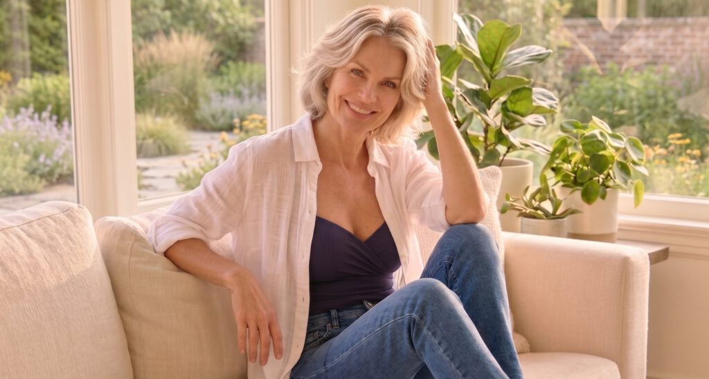 Smiling woman relaxing on a sofa at home