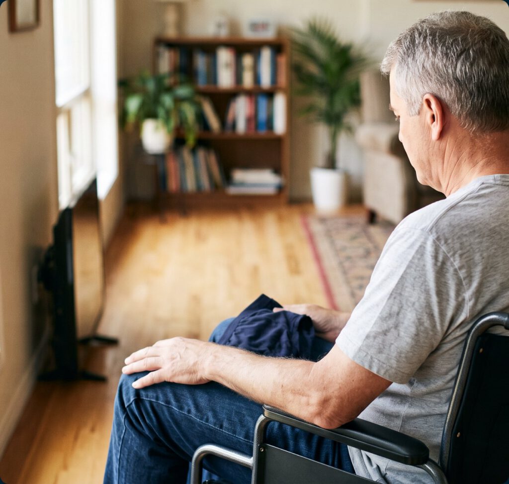Man sitting in a wheelchair at home